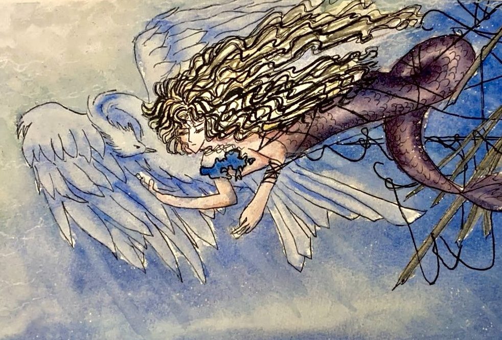 Underwater watercolor painting of a serene mermaid drifting beside a white swan, rendered in soft blue-green tones. The scene explores mythological symbolism, emotional detachment, and transformation, inspired by classical references to Leda and the swan, Lohengrin, and natural philosophy. Fine art watercolor illustration with subtle ripples and ethereal atmosphere.