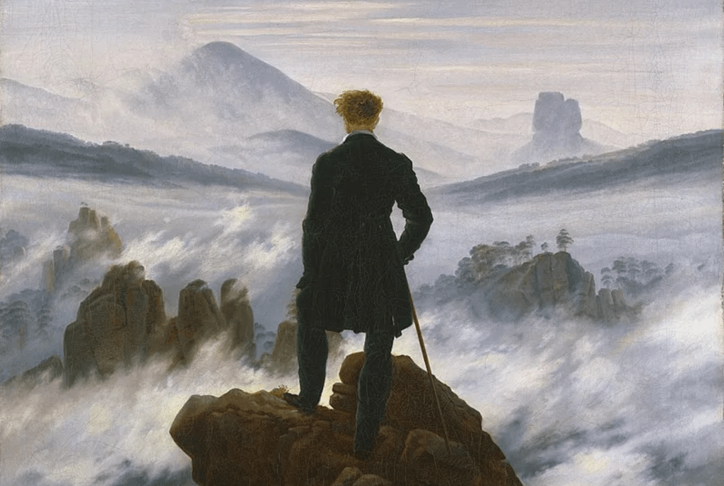 Wanderer above the Sea of Fog (c. 1818) is an iconic oil-on-canvas painting by German Romantic artist Caspar David Friedrich. It depicts a lone man, seen from behind (a Rückenfigur), standing on a rocky precipice, gazing out over a dense, misty landscape. The masterpiece represents self-reflection, contemplation, and the sublime power of nature