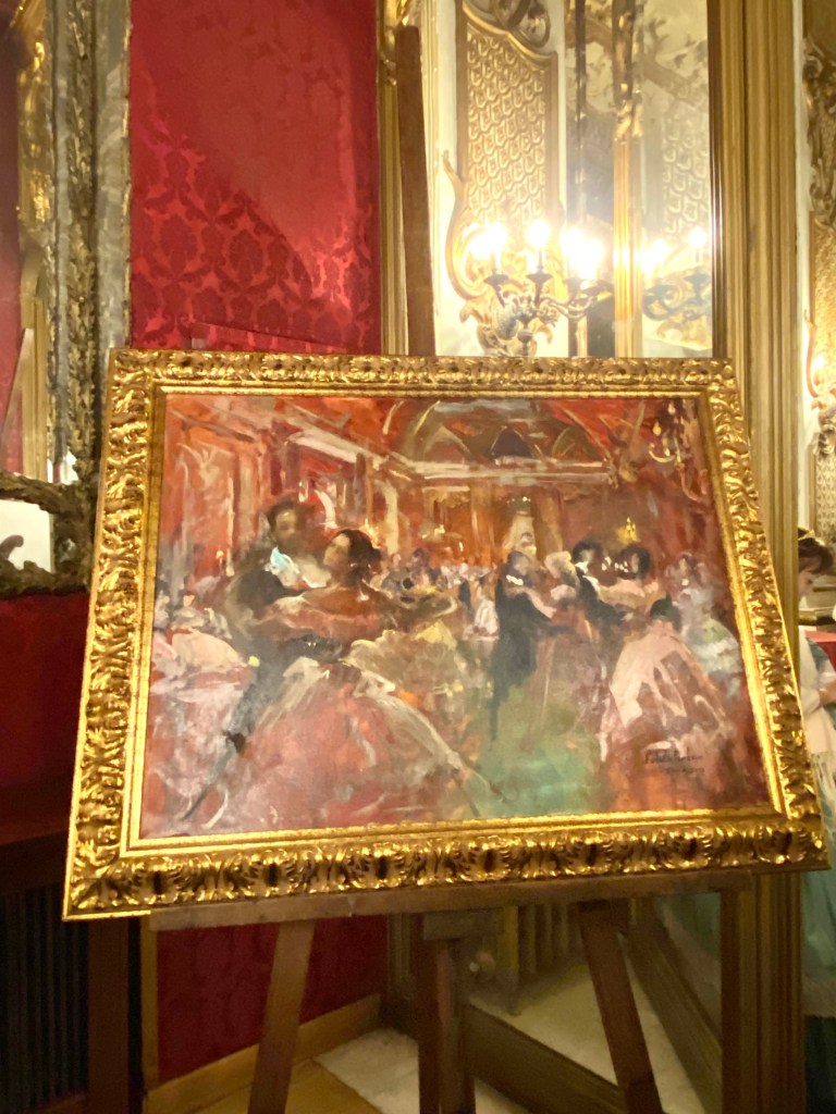 Oil painting of a ballroom with elegant guests dressed in formal attire.