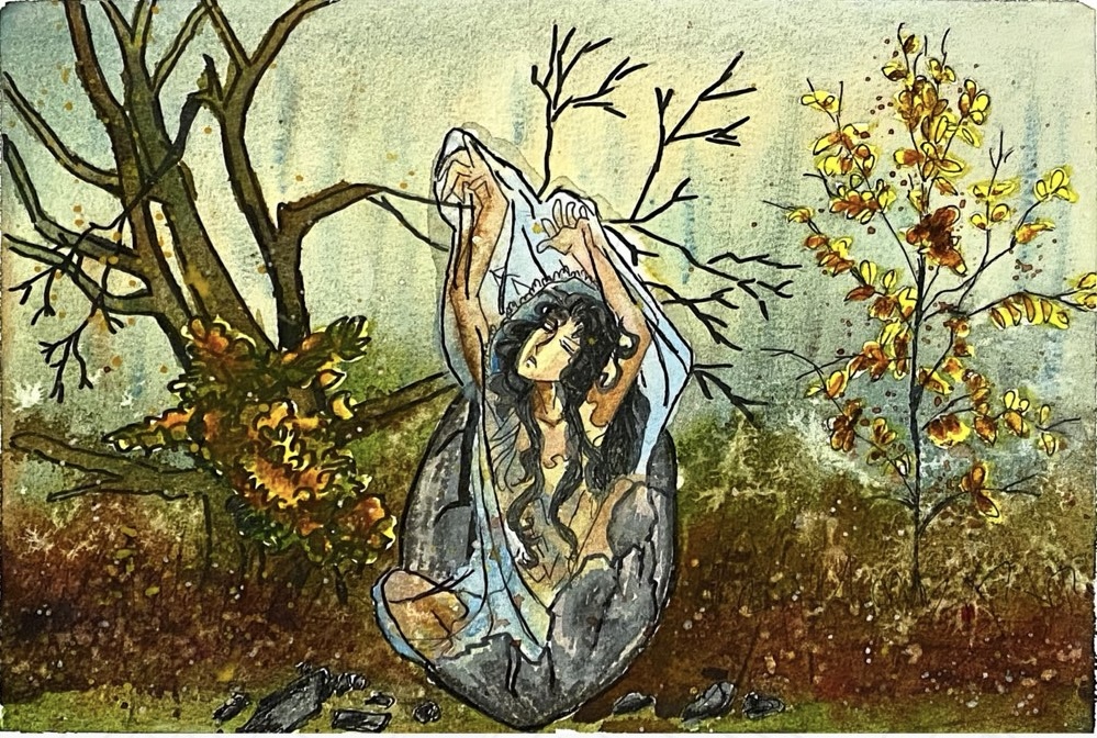 A female figure emerging from a dark cocoon-like structure, surrounded by barren branches and autumn leaves, set in a misty landscape.