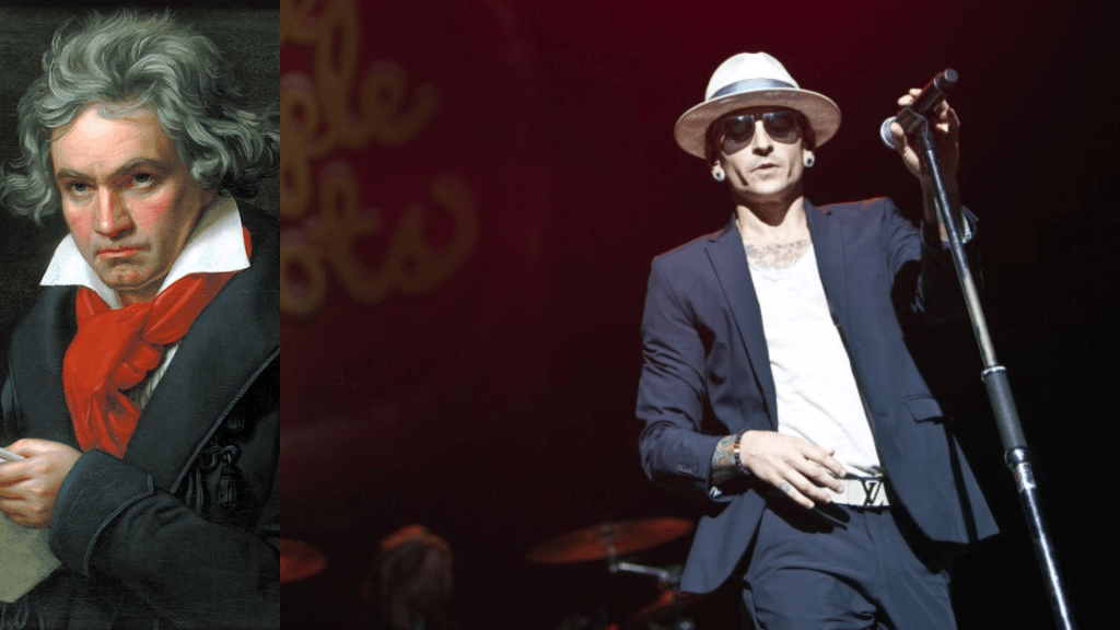 A portrait of Ludwig van Beethoven, featuring his distinctive hairstyle and a serious expression, dressed in 19th-century formal attire, alongside a live performance image of Chester Bennington of Linkin Park wearing sunglasses and a hat, holding a microphone.